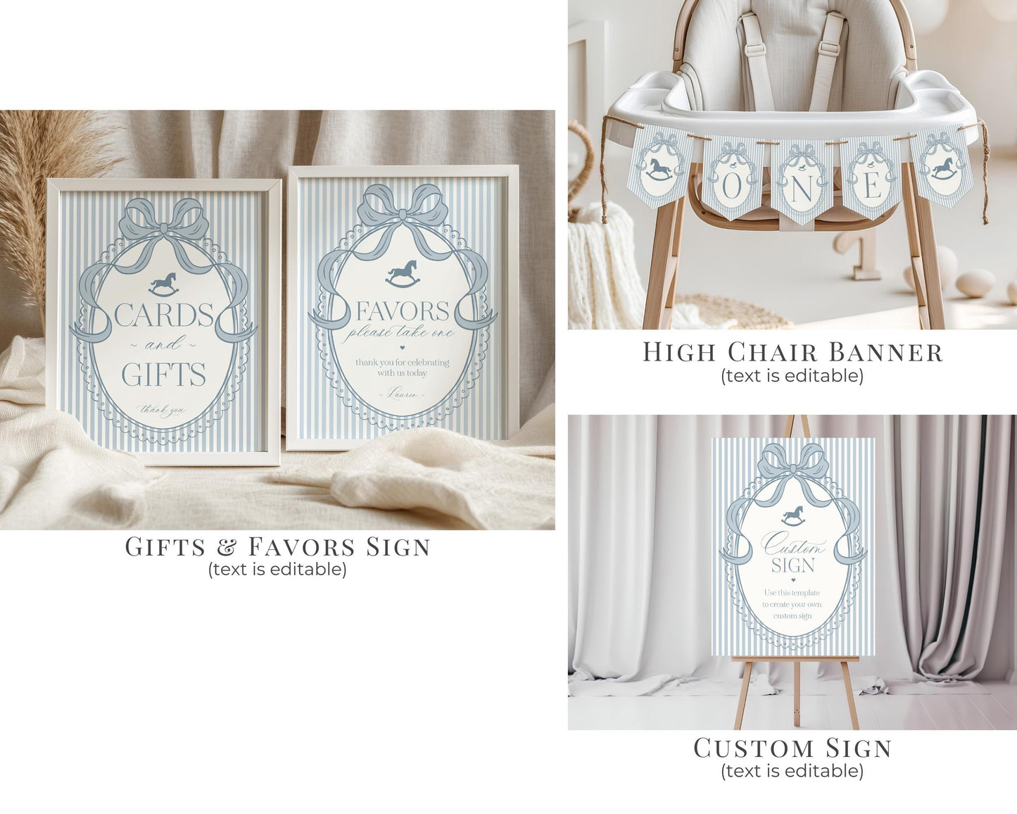 Blue Coquette Bow Rocking Horse 1st Birthday Bundle Printable Template, Preppy Striped First Birthday Party WP1095