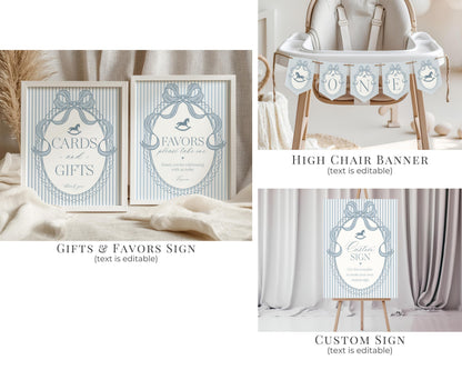 Blue Coquette Bow Rocking Horse 1st Birthday Bundle Printable Template, Preppy Striped First Birthday Party WP1095