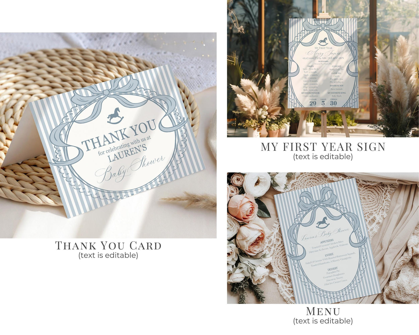 Blue Coquette Bow Rocking Horse 1st Birthday Bundle Printable Template, Preppy Striped First Birthday Party WP1095