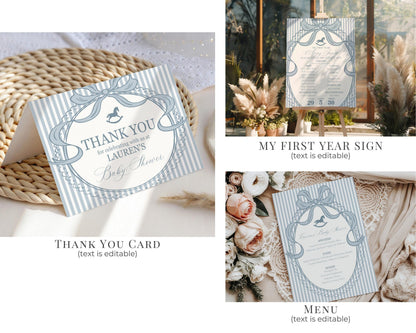 Blue Coquette Bow Rocking Horse 1st Birthday Bundle Printable Template, Preppy Striped First Birthday Party WP1095