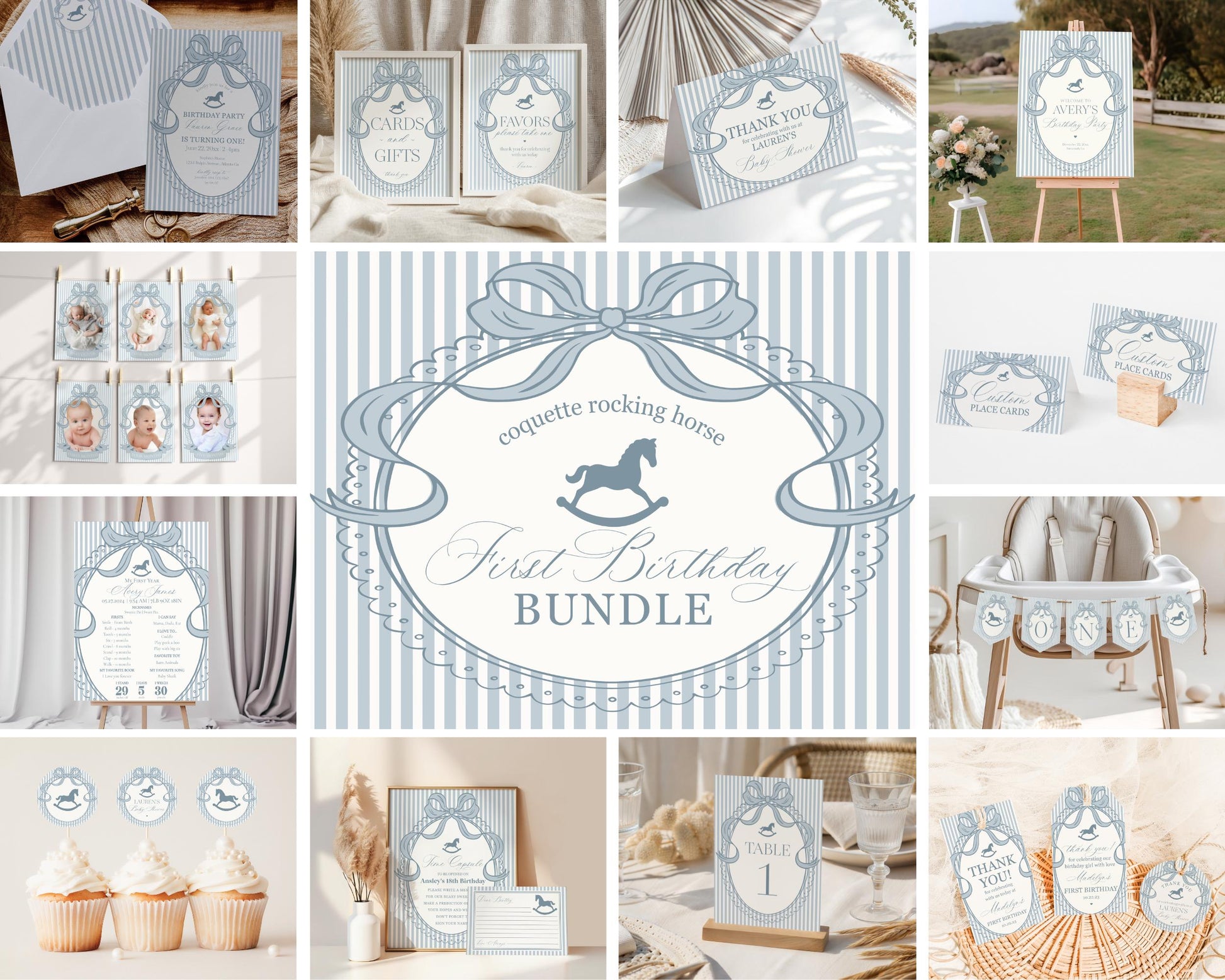 Blue Coquette Bow Rocking Horse 1st Birthday Bundle Printable Template, Preppy Striped First Birthday Party WP1095