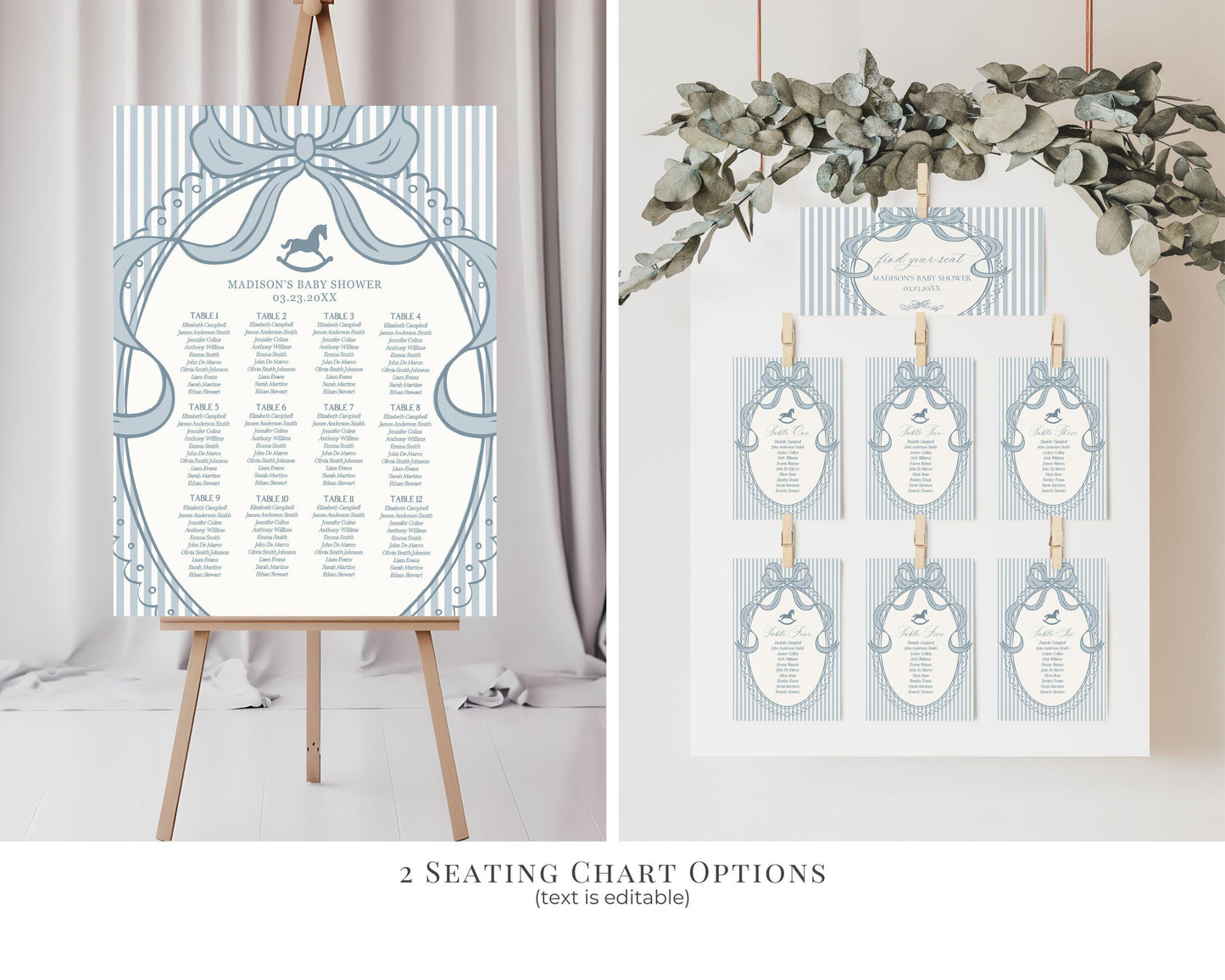 Blue Coquette Bow Rocking Horse 1st Birthday Bundle Printable Template, Preppy Striped First Birthday Party WP1095