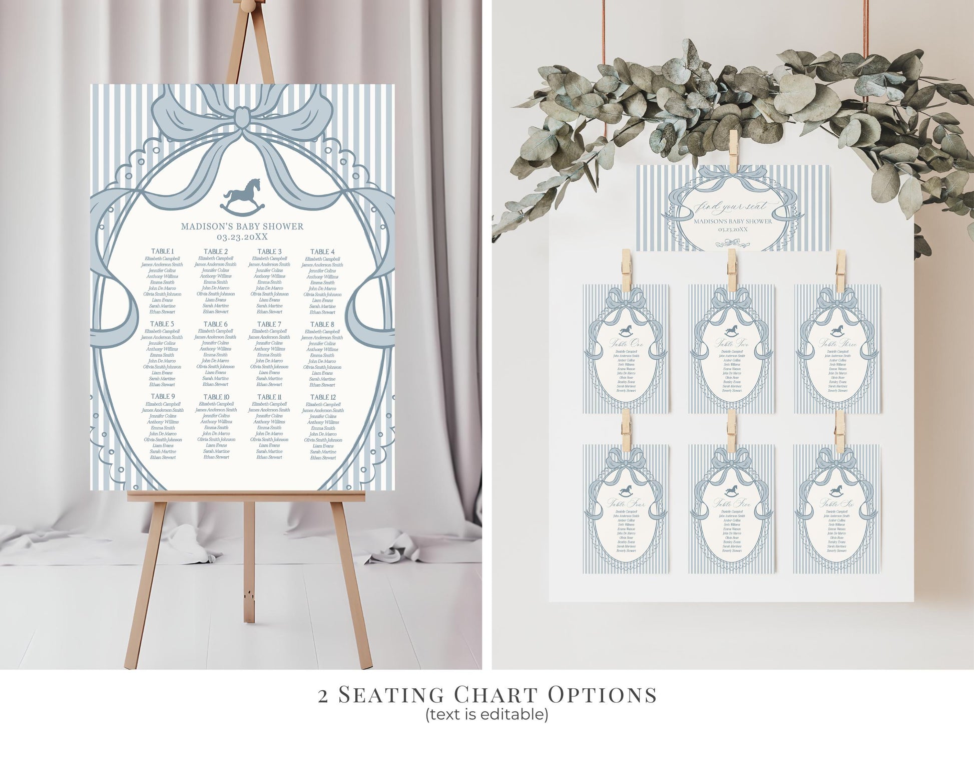 Blue Coquette Bow Rocking Horse 1st Birthday Bundle Printable Template, Preppy Striped First Birthday Party WP1095