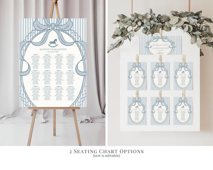 Blue Coquette Bow Rocking Horse 1st Birthday Bundle Printable Template, Preppy Striped First Birthday Party WP1095