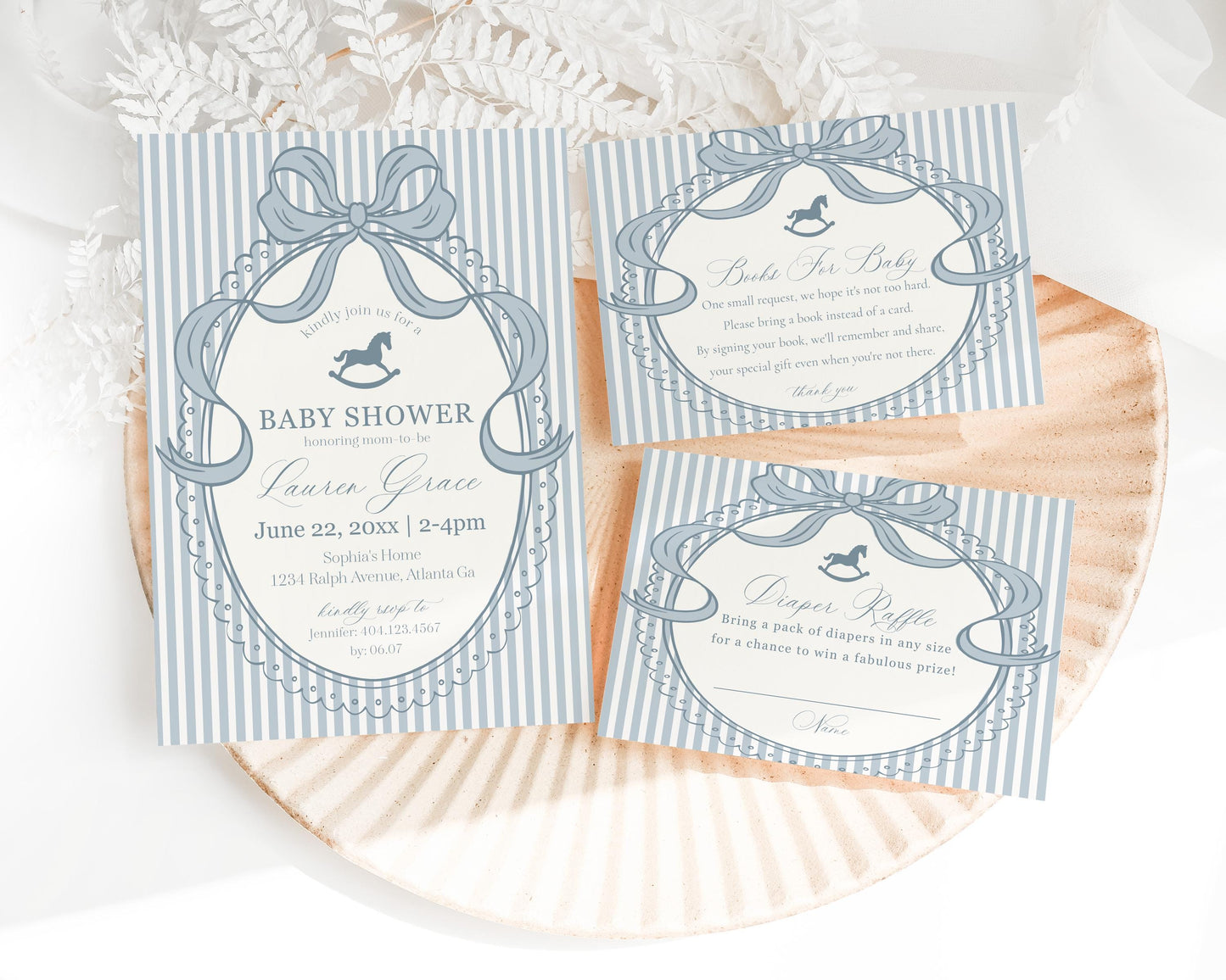 Blue Coquette Bow Rocking Horse Baby Shower Bundle Printable Template, Striped Preppy Baby Sprinkle, Heirloom Brunch with Mom to Be WP1095