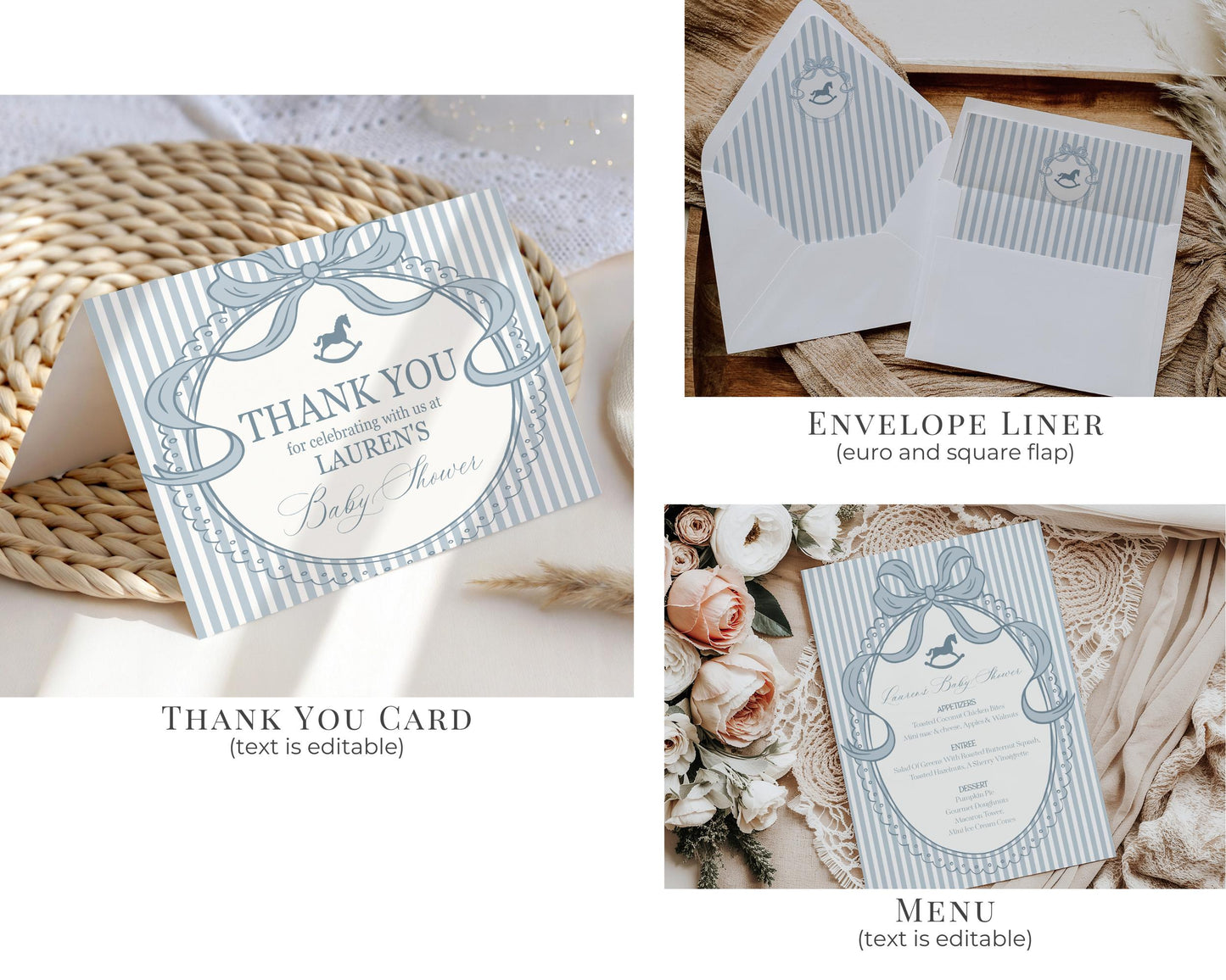 Blue Coquette Bow Rocking Horse Birthday Bundle Printable Template, Preppy Striped Birthday Party, Heirloom Inspired Timeless Bday WP1095