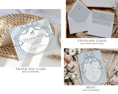 Blue Coquette Bow Rocking Horse Birthday Bundle Printable Template, Preppy Striped Birthday Party, Heirloom Inspired Timeless Bday WP1095