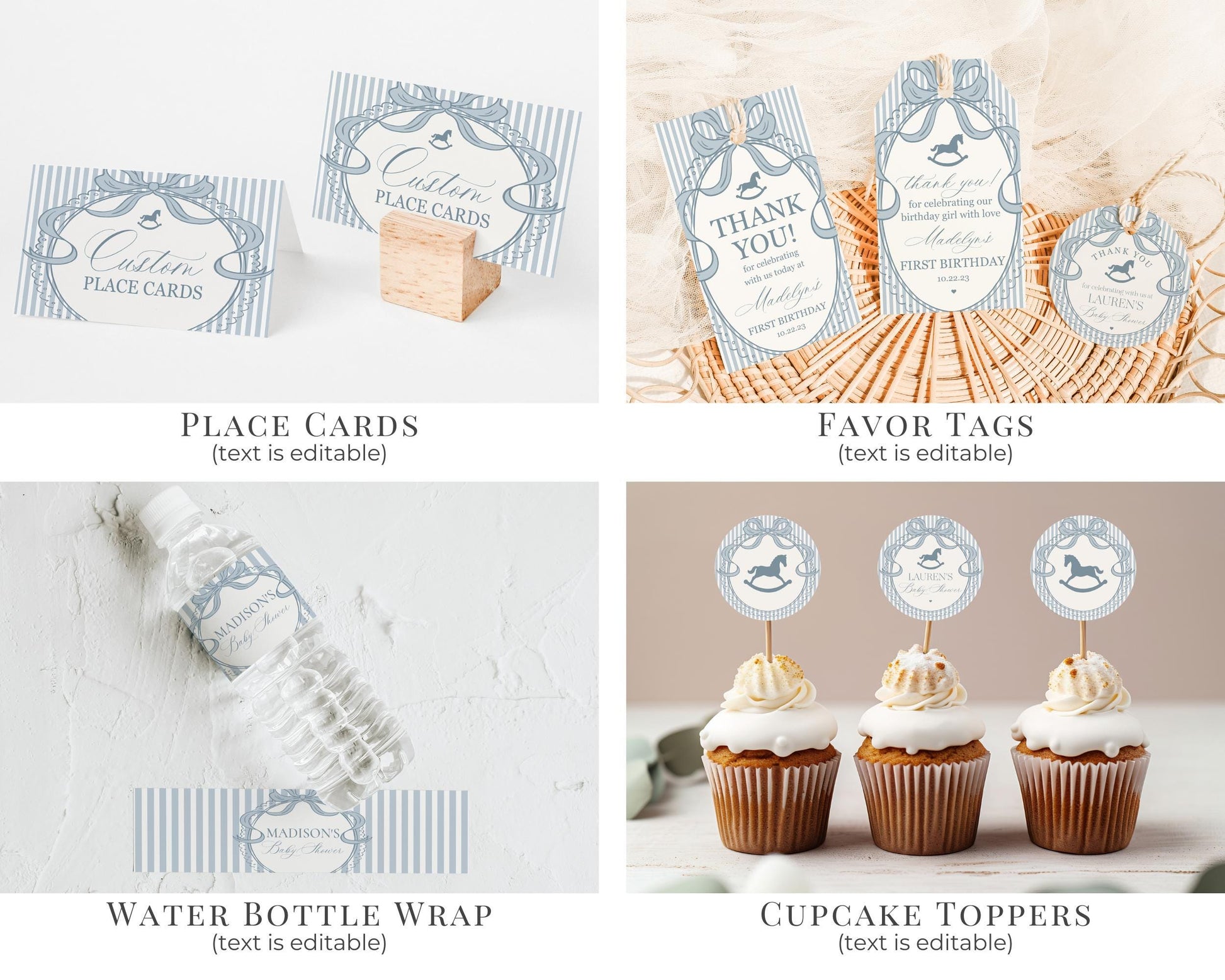 Blue Coquette Bow Rocking Horse Birthday Bundle Printable Template, Preppy Striped Birthday Party, Heirloom Inspired Timeless Bday WP1095