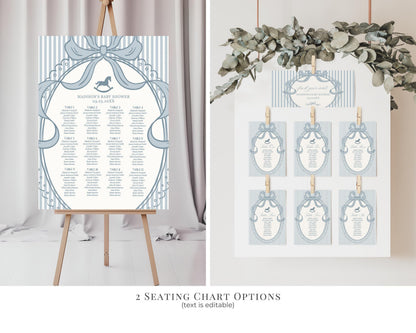 Blue Coquette Bow Rocking Horse Birthday Bundle Printable Template, Preppy Striped Birthday Party, Heirloom Inspired Timeless Bday WP1095