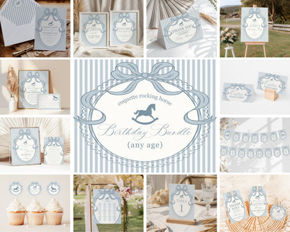 Blue Coquette Bow Rocking Horse Birthday Bundle Printable Template, Preppy Striped Birthday Party, Heirloom Inspired Timeless Bday WP1095