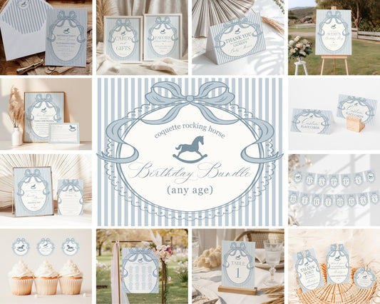 Blue Coquette Bow Rocking Horse Birthday Bundle Printable Template, Preppy Striped Birthday Party, Heirloom Inspired Timeless Bday WP1095