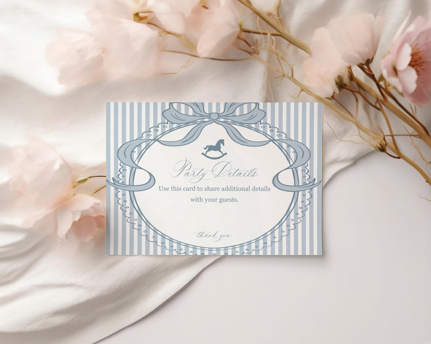 Blue Coquette Bow Rocking Horse Birthday Invitation Printable Template, Preppy Striped First Birthday Party WP1095