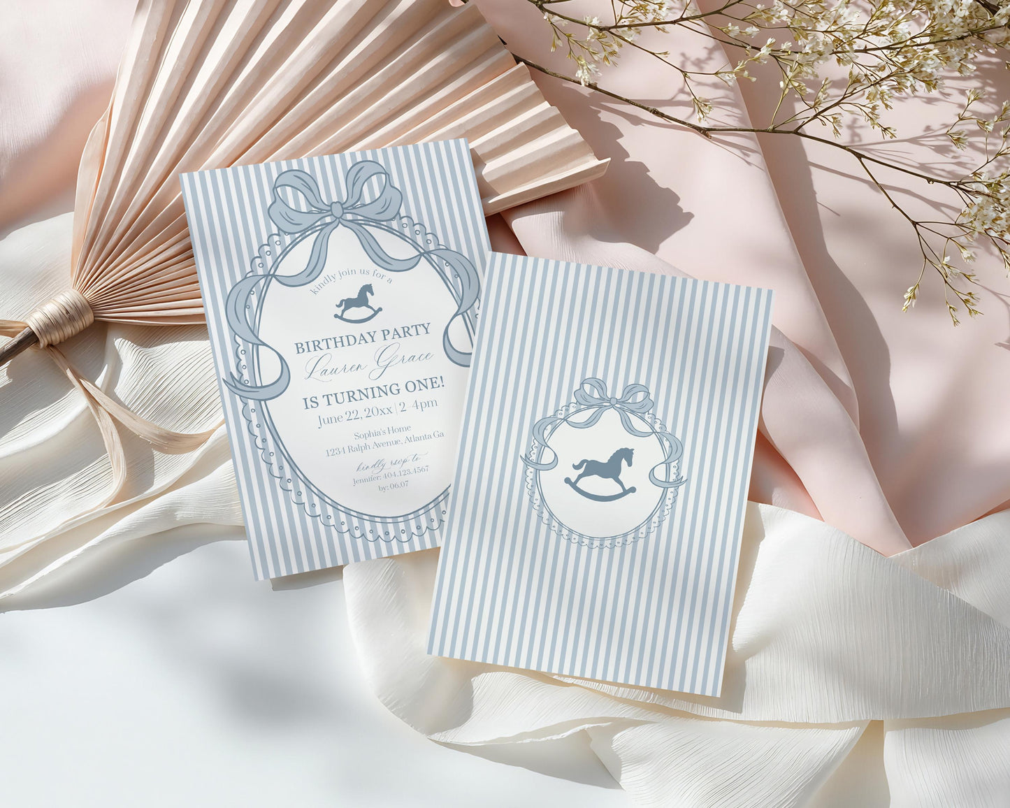 Blue Coquette Bow Rocking Horse Birthday Invitation Printable Template, Preppy Striped First Birthday Party WP1095