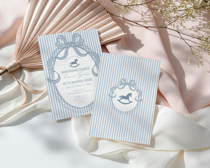 Blue Coquette Bow Rocking Horse Birthday Invitation Printable Template, Preppy Striped First Birthday Party WP1095