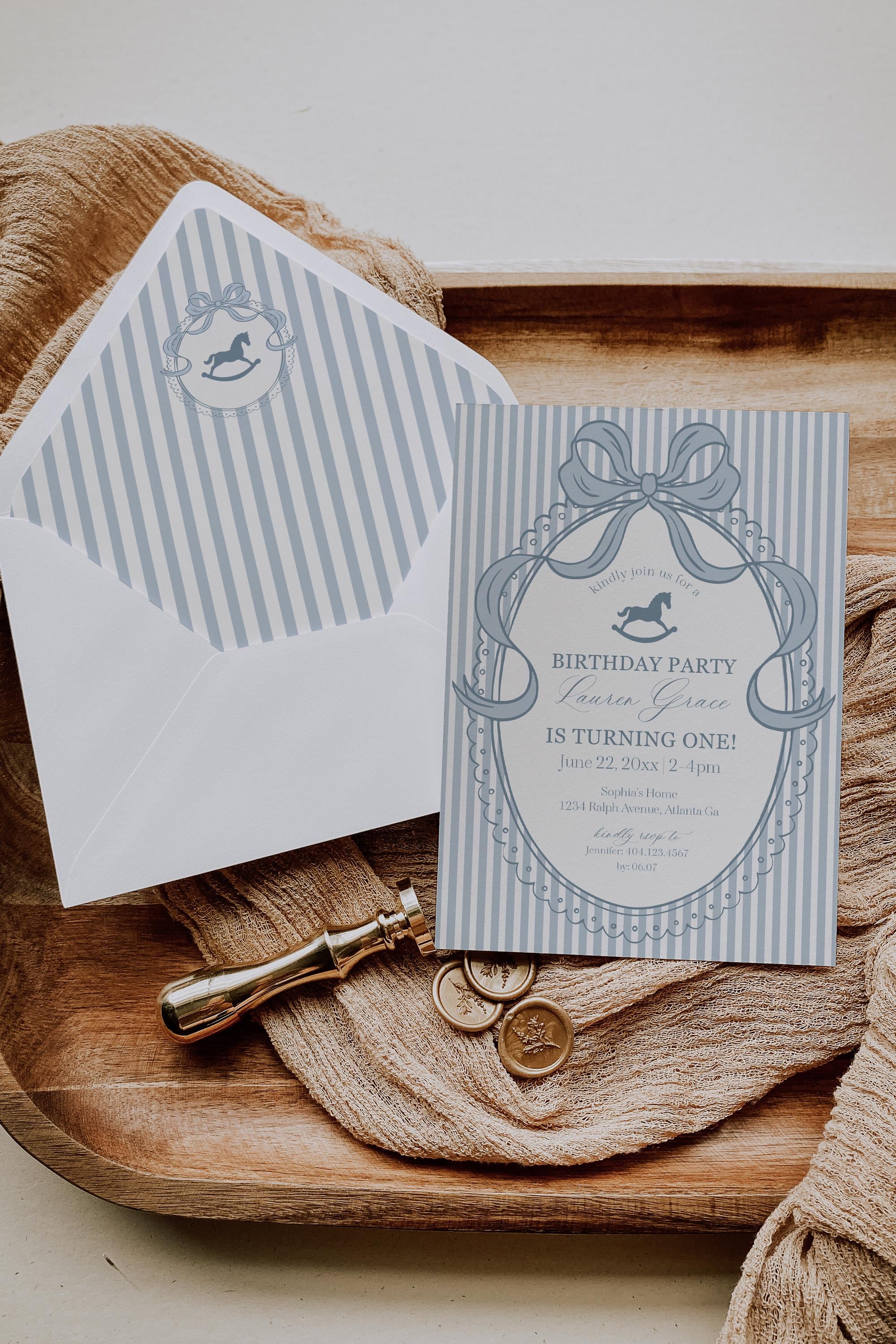 Blue Coquette Bow Rocking Horse Birthday Invitation Printable Template, Preppy Striped First Birthday Party WP1095
