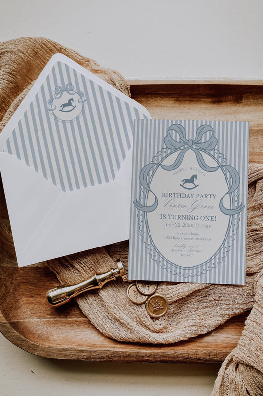 Blue Coquette Bow Rocking Horse Birthday Invitation Printable Template, Preppy Striped First Birthday Party WP1095