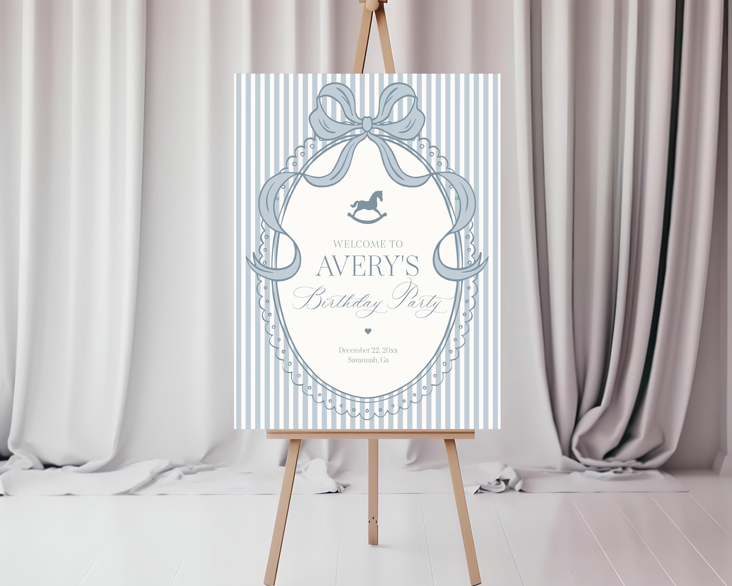Blue Coquette Bow Rocking Horse Birthday Party Welcome Sign Template, Preppy Bday Party WP1094