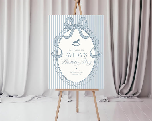 Blue Coquette Bow Rocking Horse Birthday Party Welcome Sign Template, Preppy Bday Party WP1094
