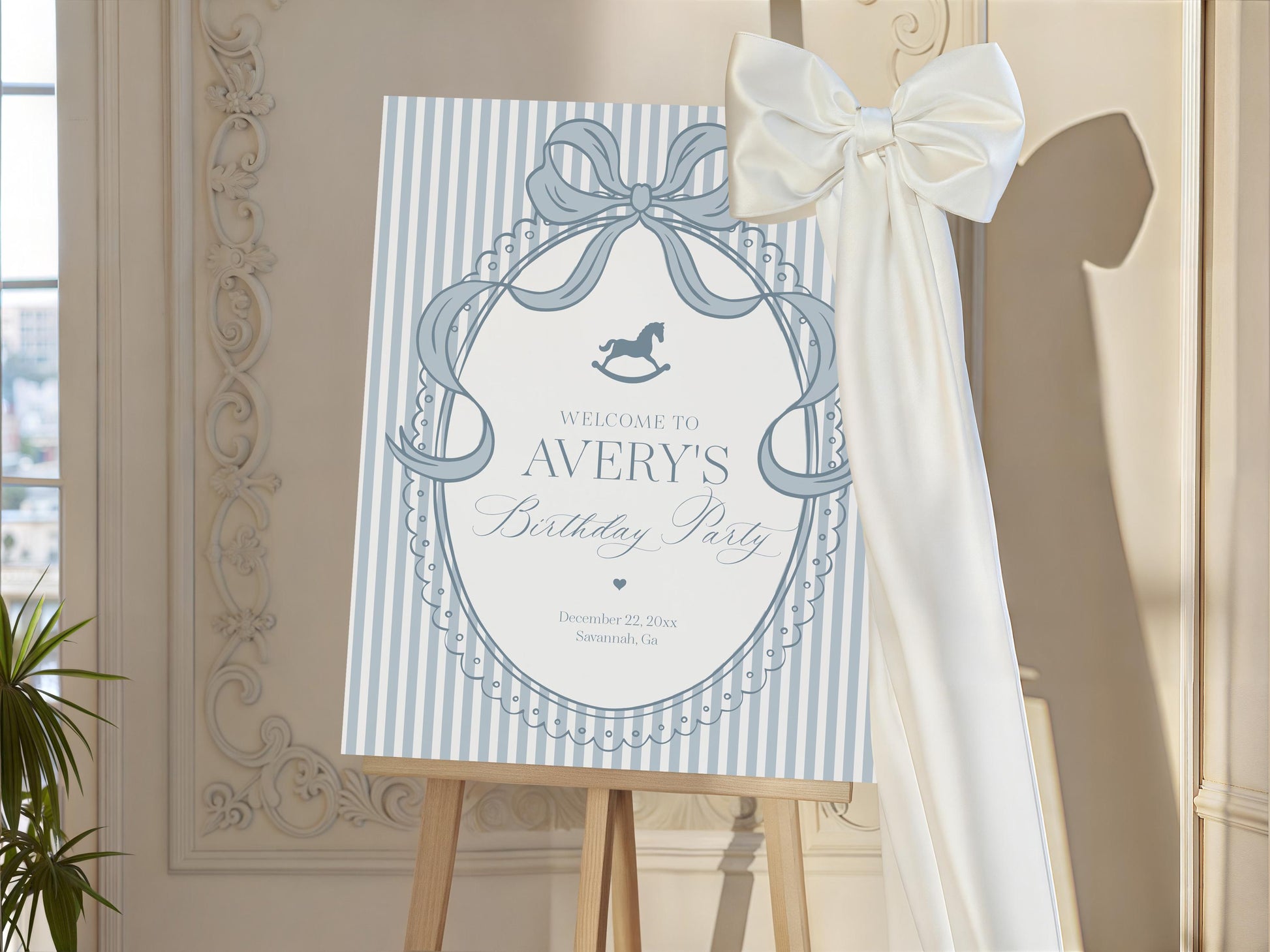Blue Coquette Bow Rocking Horse Birthday Party Welcome Sign Template, Preppy Bday Party WP1094