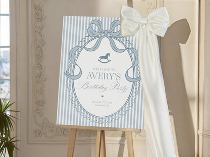 Blue Coquette Bow Rocking Horse Birthday Party Welcome Sign Template, Preppy Bday Party WP1094