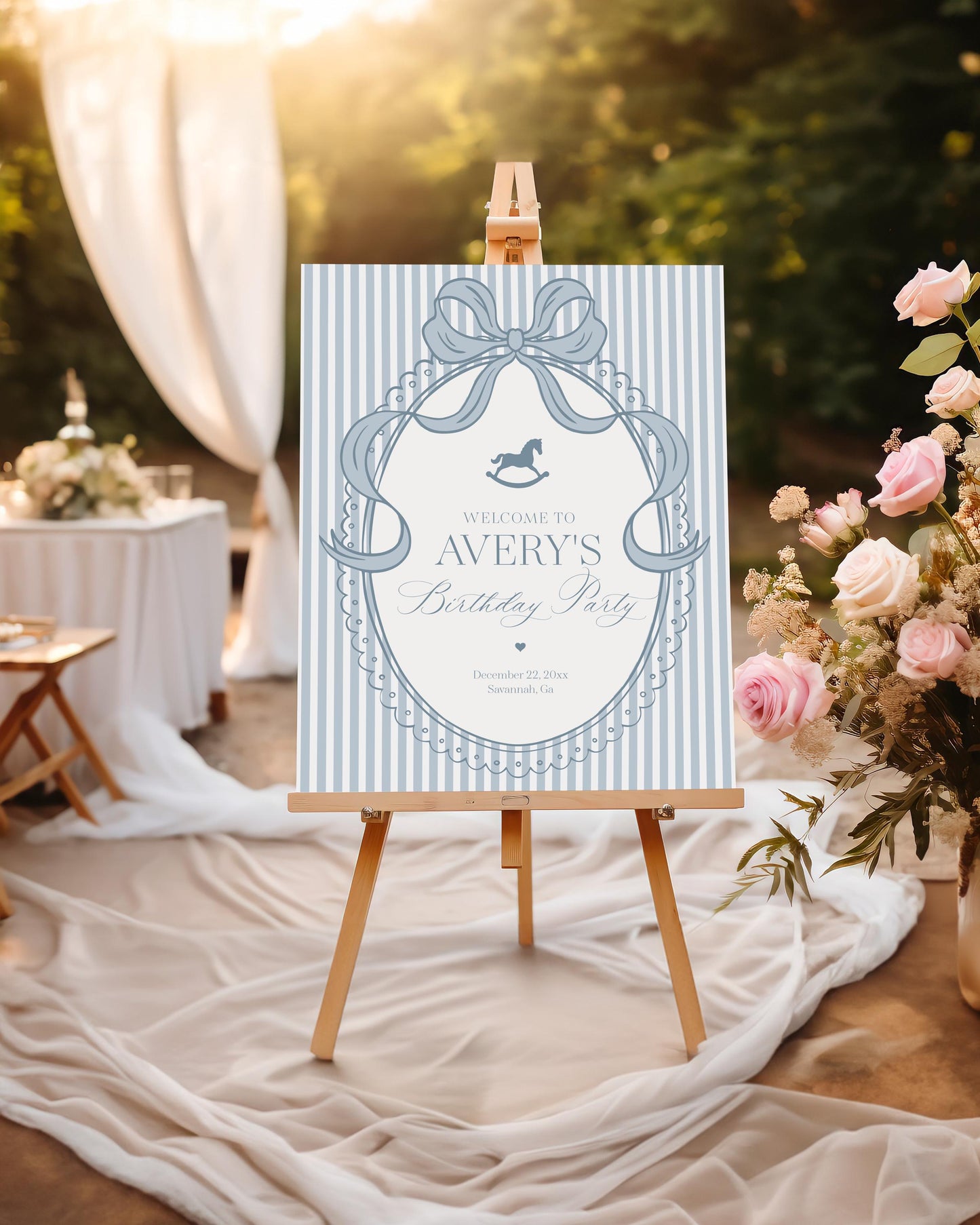 Blue Coquette Bow Rocking Horse Birthday Party Welcome Sign Template, Preppy Bday Party WP1094