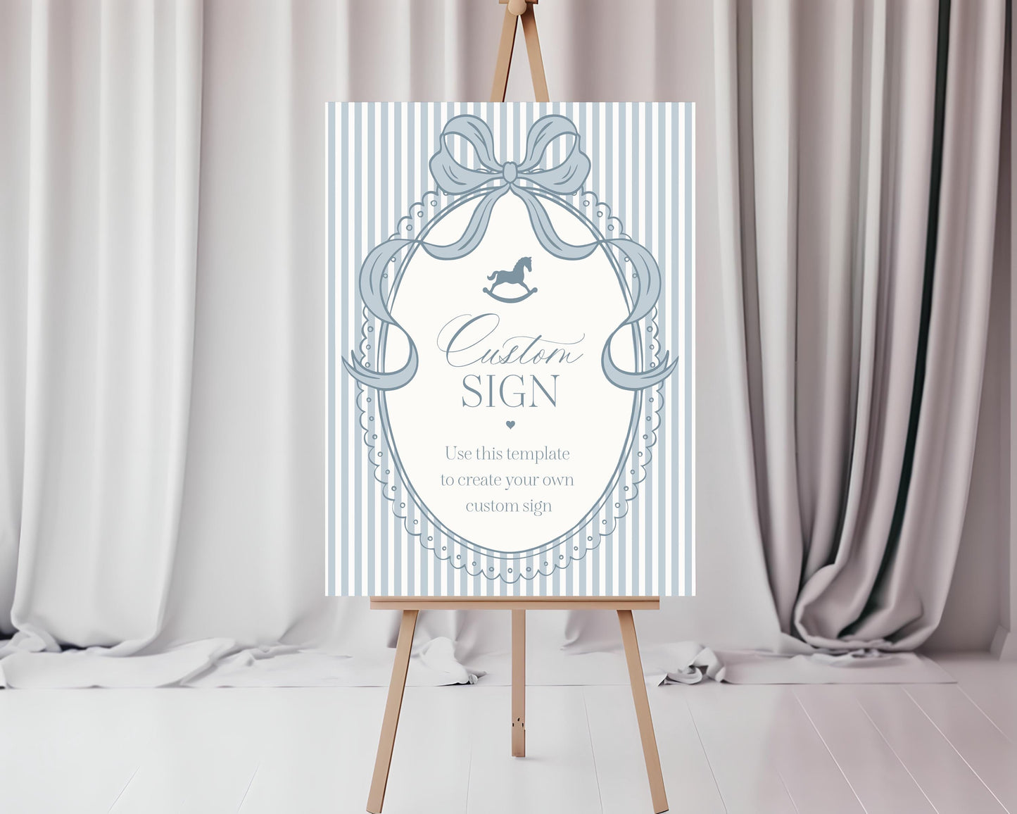 Blue Coquette Bow Rocking Horse Custom Sign Template, Striped Preppy Baby Shower, Classic First Birthday Party WP1095