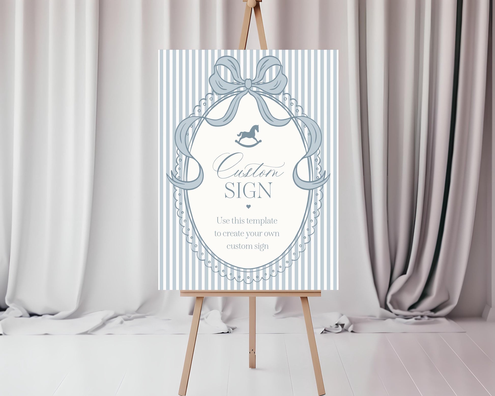 Blue Coquette Bow Rocking Horse Custom Sign Template, Striped Preppy Baby Shower, Classic First Birthday Party WP1095