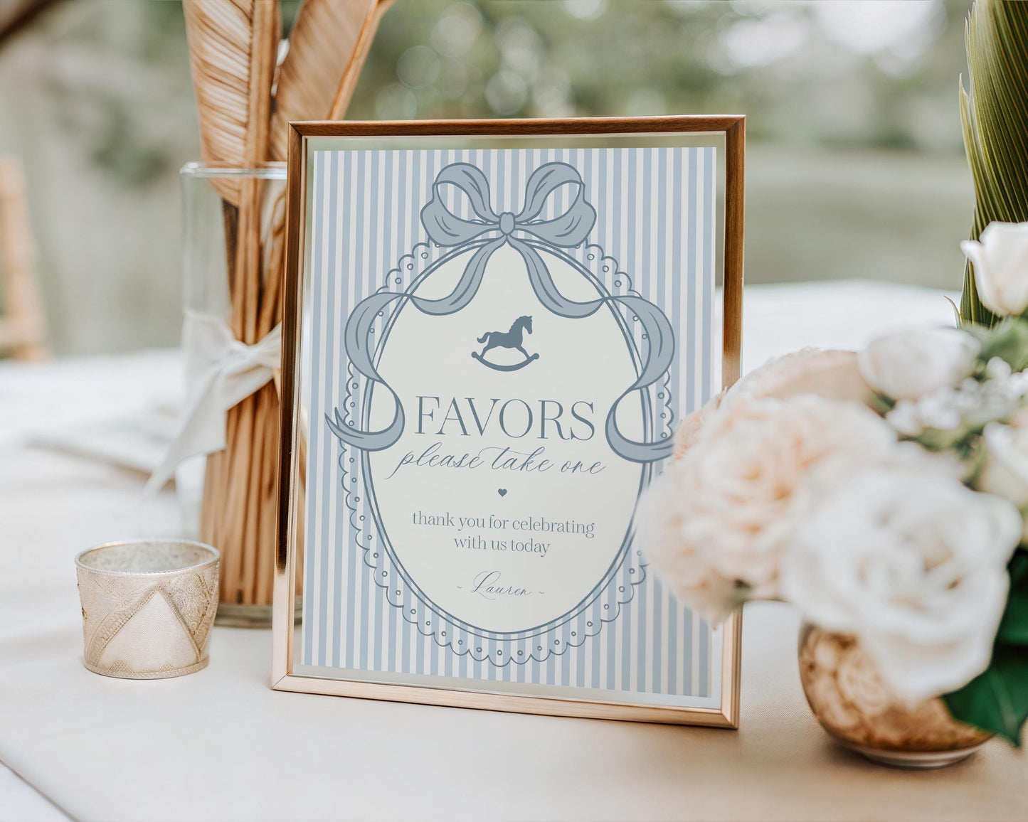Blue Coquette Bow Rocking Horse Cards & Gifts and Favors Sign Template, Striped Preppy Baby Shower, Classic First Birthday Party WP1095