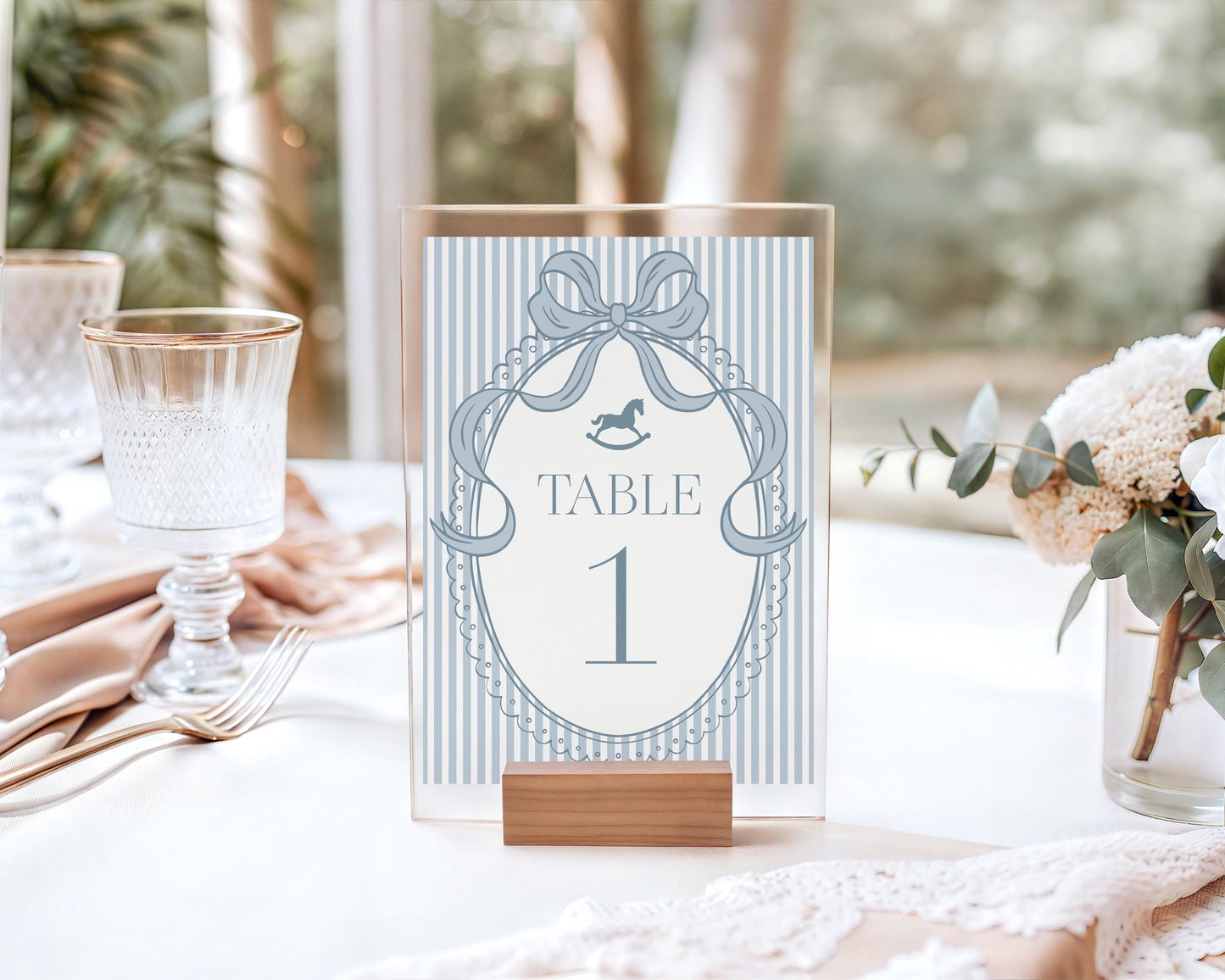 Blue Coquette Bow Rocking Horse Table Number Cards Template, Striped Preppy Baby Shower, Classic First Birthday Party WP1095