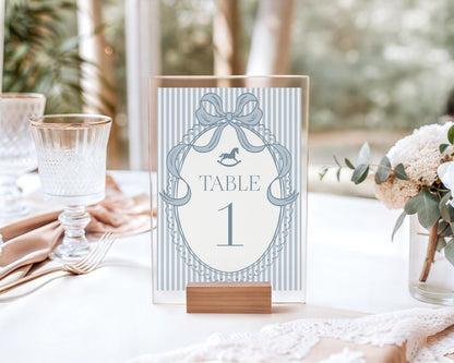 Blue Coquette Bow Rocking Horse Table Number Cards Template, Striped Preppy Baby Shower, Classic First Birthday Party WP1095