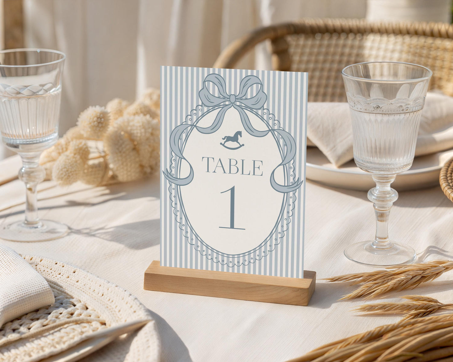 Blue Coquette Bow Rocking Horse Table Number Cards Template, Striped Preppy Baby Shower, Classic First Birthday Party WP1095