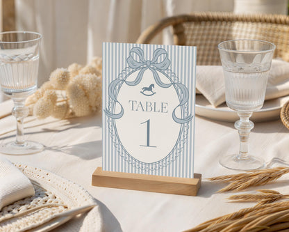 Blue Coquette Bow Rocking Horse Table Number Cards Template, Striped Preppy Baby Shower, Classic First Birthday Party WP1095