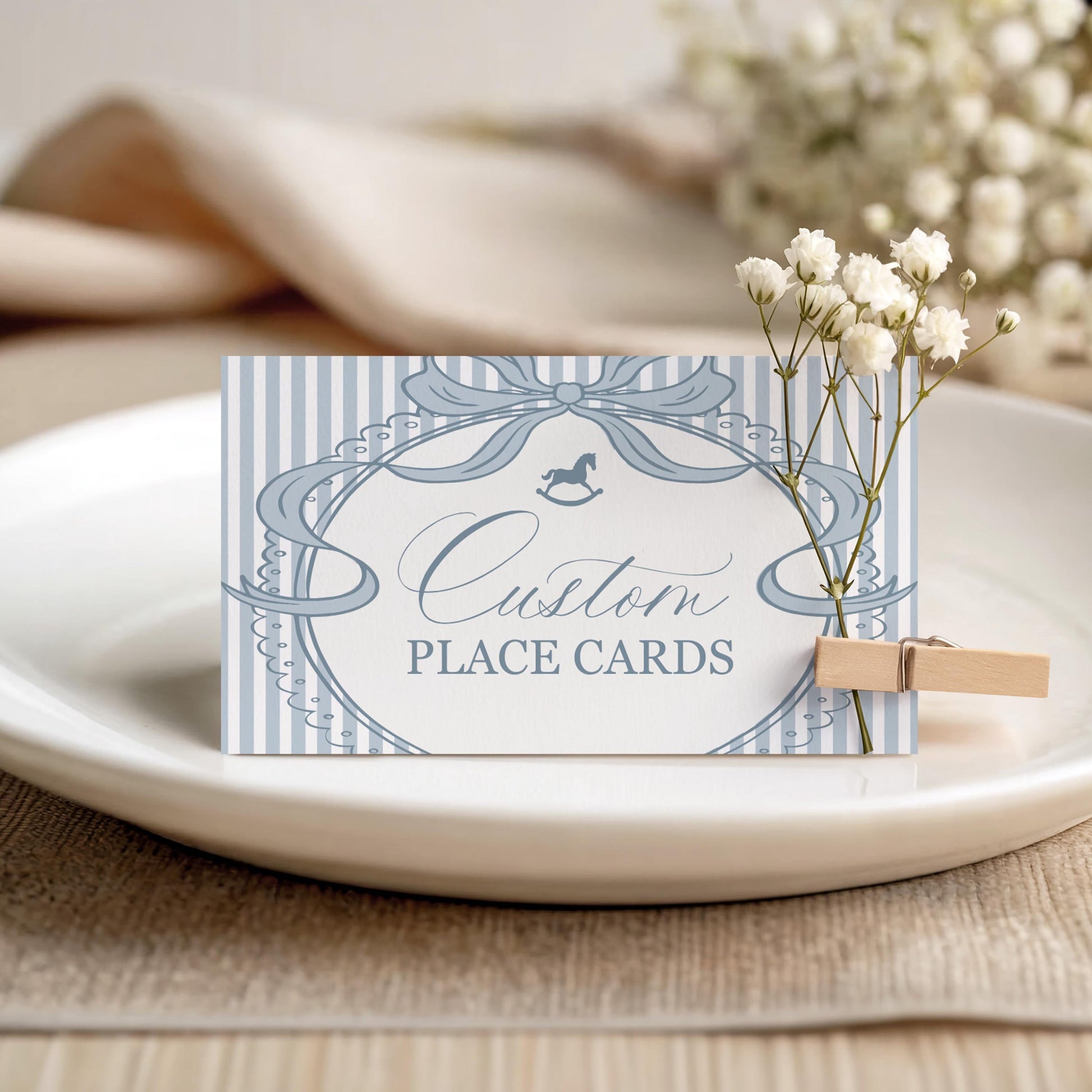 Blue Coquette Bow Rocking Horse Place Cards Template, Striped Preppy Baby Shower, Classic First Birthday Party WP1095