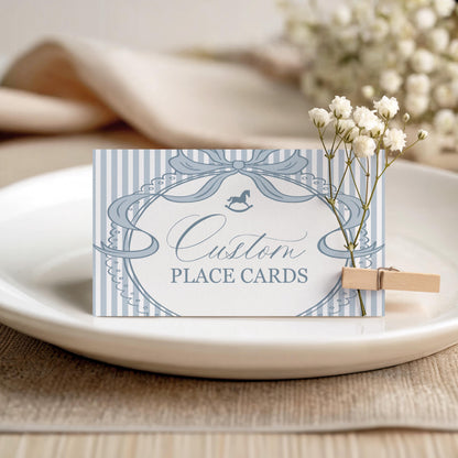 Blue Coquette Bow Rocking Horse Place Cards Template, Striped Preppy Baby Shower, Classic First Birthday Party WP1095