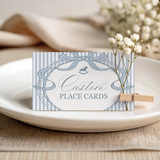 Blue Coquette Bow Rocking Horse Place Cards Template, Striped Preppy Baby Shower, Classic First Birthday Party WP1095