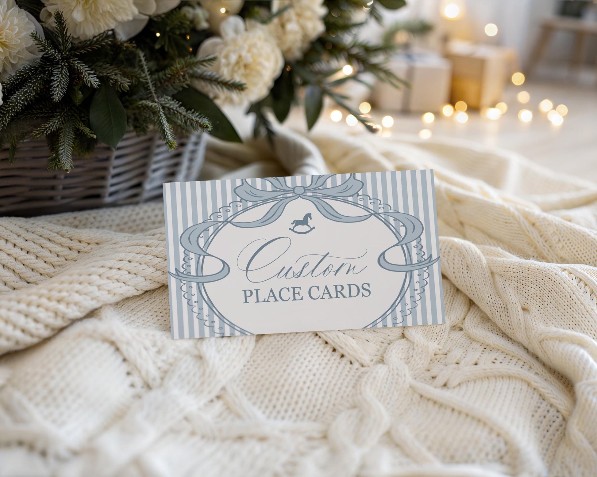 Blue Coquette Bow Rocking Horse Place Cards Template, Striped Preppy Baby Shower, Classic First Birthday Party WP1095