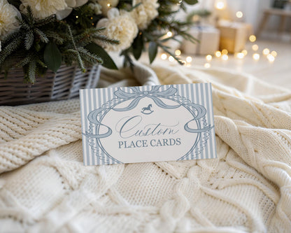 Blue Coquette Bow Rocking Horse Place Cards Template, Striped Preppy Baby Shower, Classic First Birthday Party WP1095