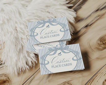 Blue Coquette Bow Rocking Horse Place Cards Template, Striped Preppy Baby Shower, Classic First Birthday Party WP1095
