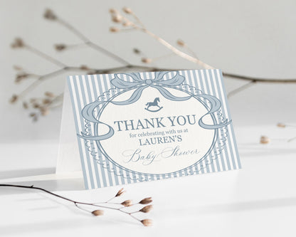Blue Coquette Bow Rocking Horse Thank You Card Template, Striped Preppy Baby Shower, Classic First Birthday Party WP1095