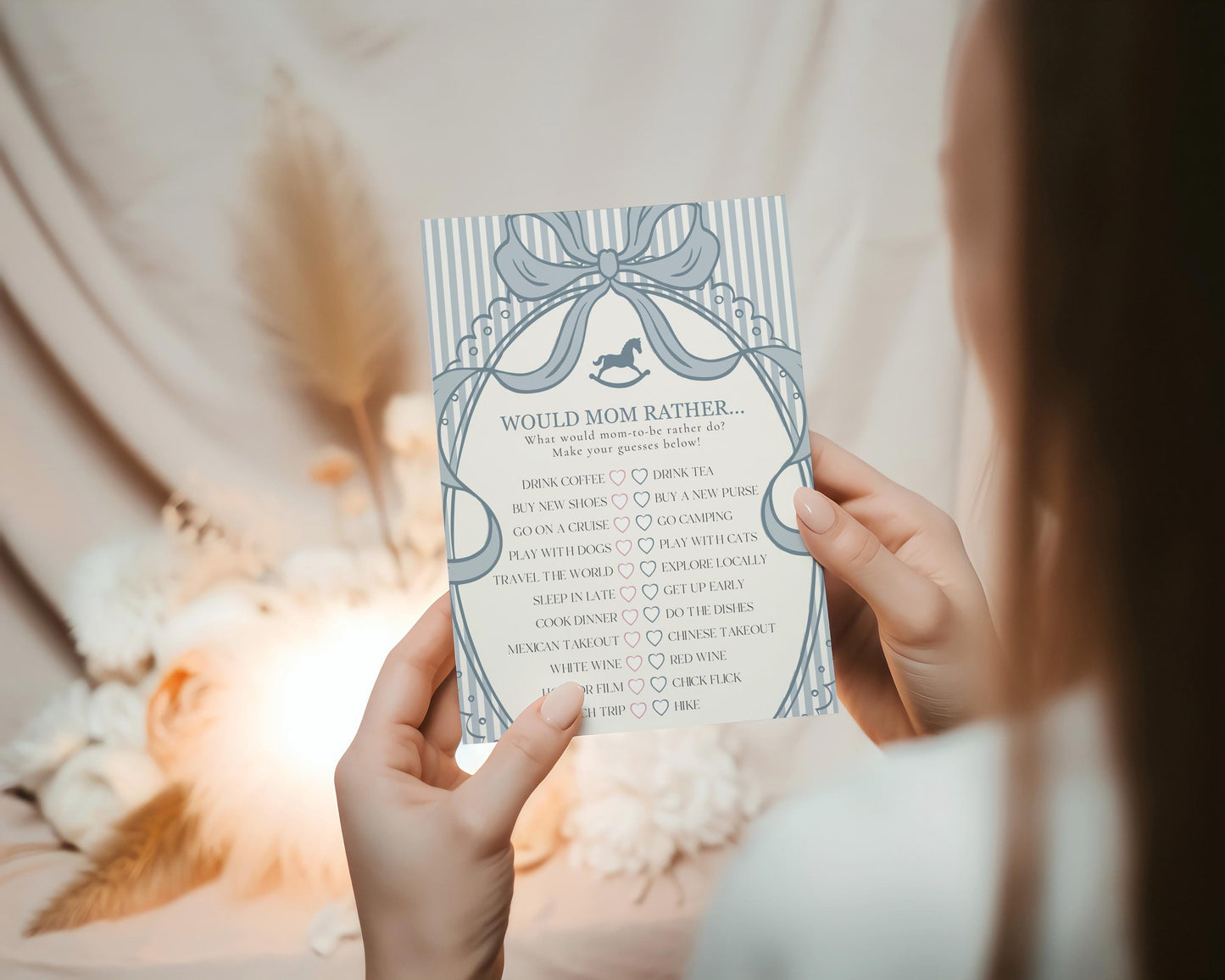 Blue Coquette Bow Rocking Horse Baby Shower Games Template, Striped Preppy Baby Sprinkle, Heirloom Inspired Brunch with Mom to Be WP1095