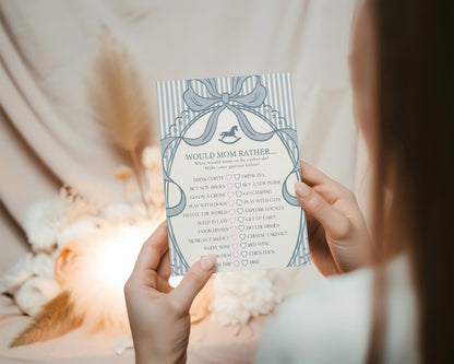 Blue Coquette Bow Rocking Horse Baby Shower Games Template, Striped Preppy Baby Sprinkle, Heirloom Inspired Brunch with Mom to Be WP1095