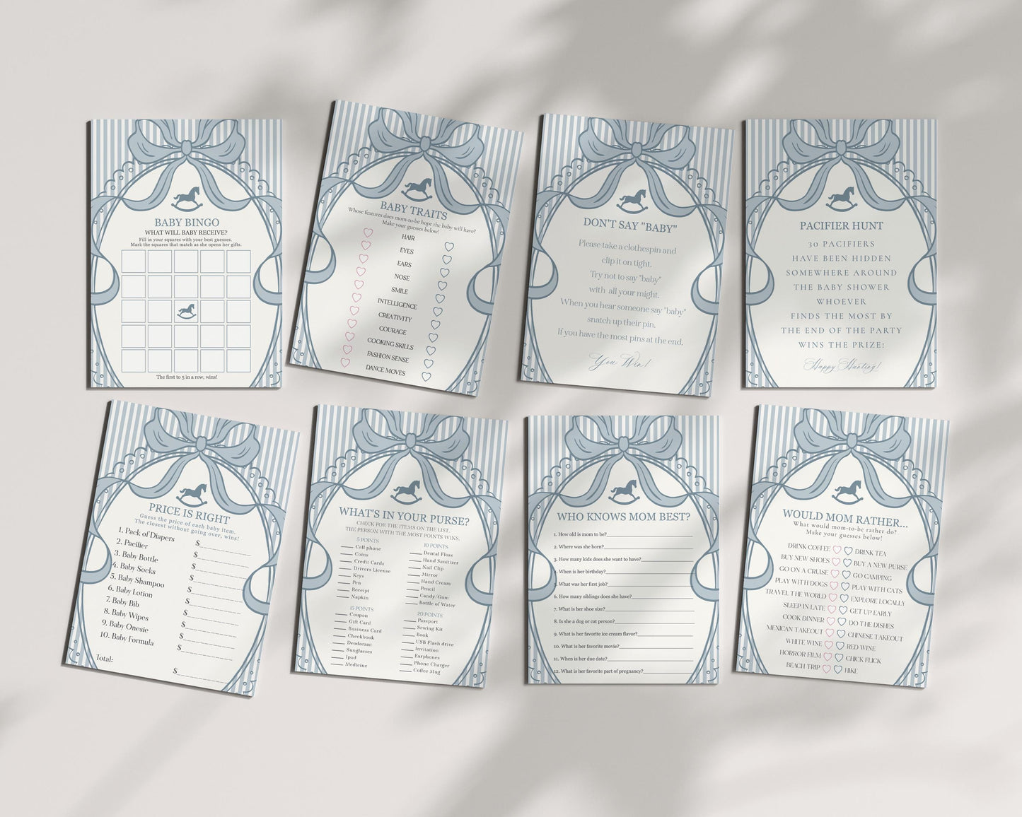 Blue Coquette Bow Rocking Horse Baby Shower Games Template, Striped Preppy Baby Sprinkle, Heirloom Inspired Brunch with Mom to Be WP1095