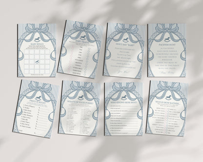 Blue Coquette Bow Rocking Horse Baby Shower Games Template, Striped Preppy Baby Sprinkle, Heirloom Inspired Brunch with Mom to Be WP1095