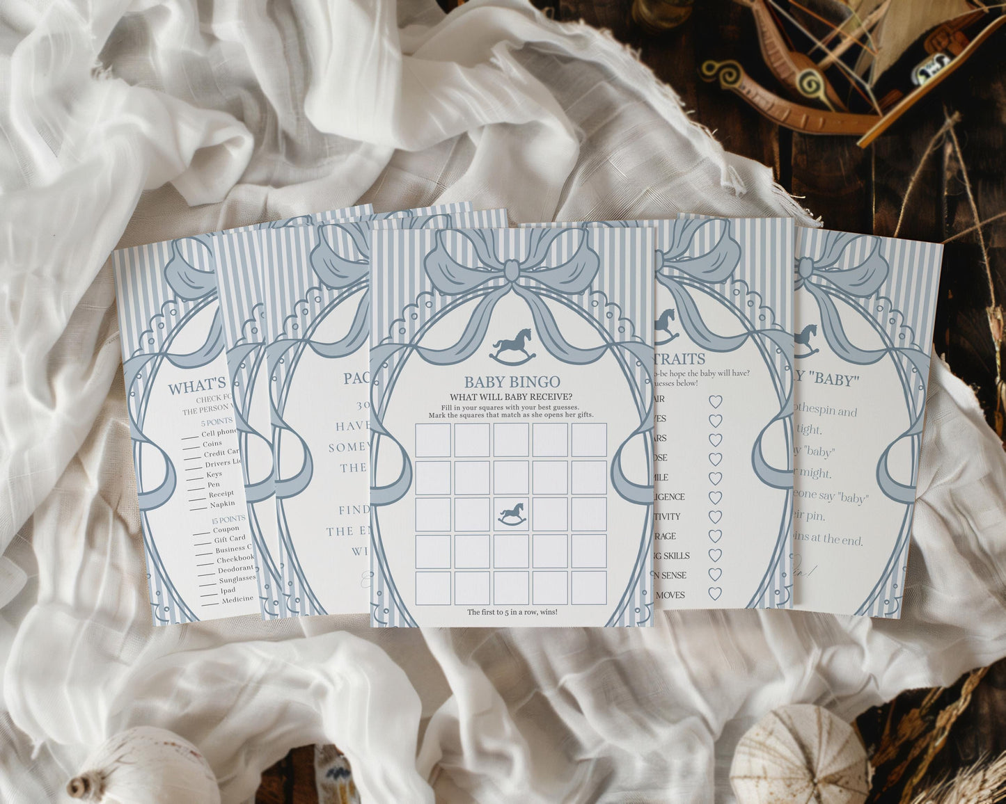 Blue Coquette Bow Rocking Horse Baby Shower Games Template, Striped Preppy Baby Sprinkle, Heirloom Inspired Brunch with Mom to Be WP1095