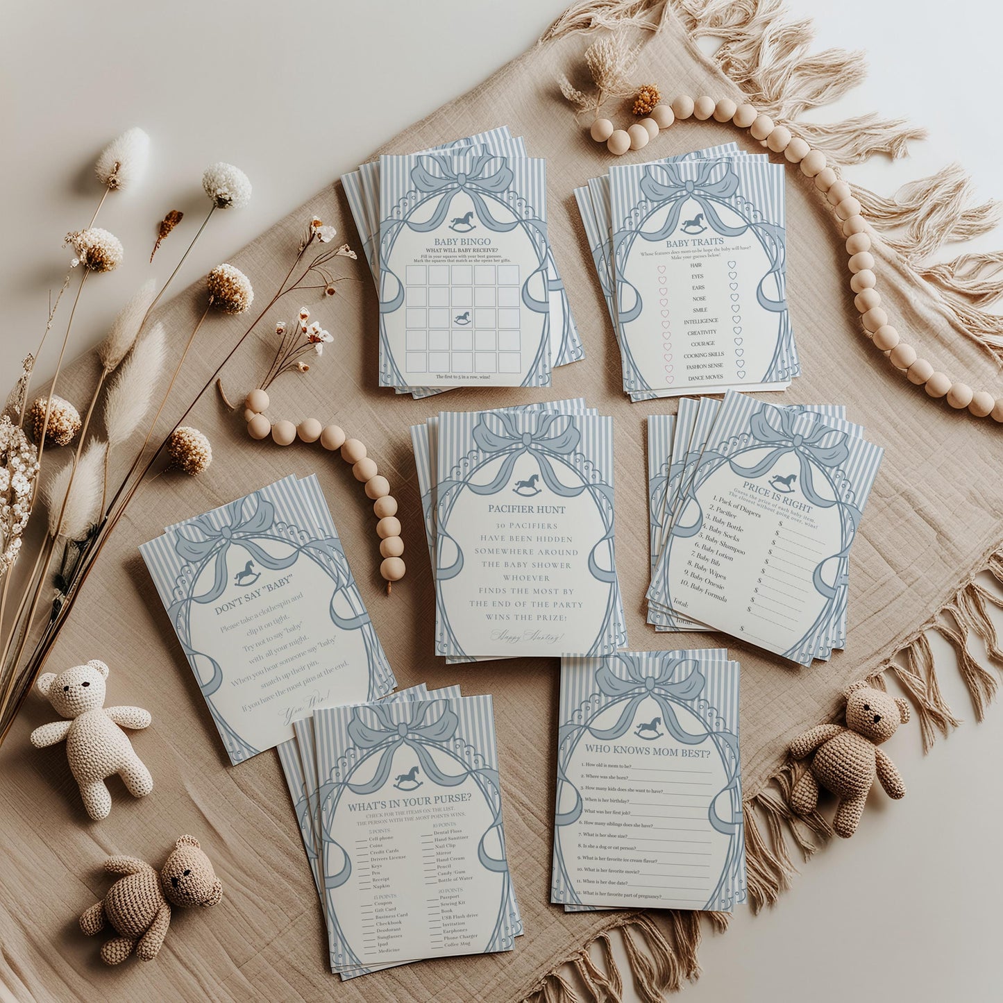 Blue Coquette Bow Rocking Horse Baby Shower Games Template, Striped Preppy Baby Sprinkle, Heirloom Inspired Brunch with Mom to Be WP1095