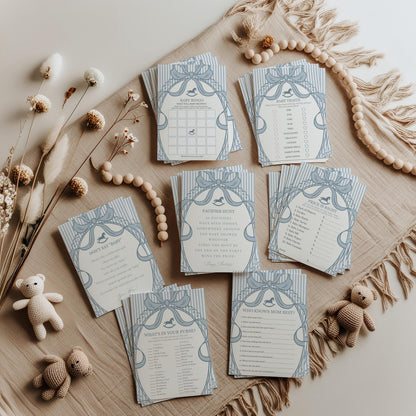 Blue Coquette Bow Rocking Horse Baby Shower Games Template, Striped Preppy Baby Sprinkle, Heirloom Inspired Brunch with Mom to Be WP1095