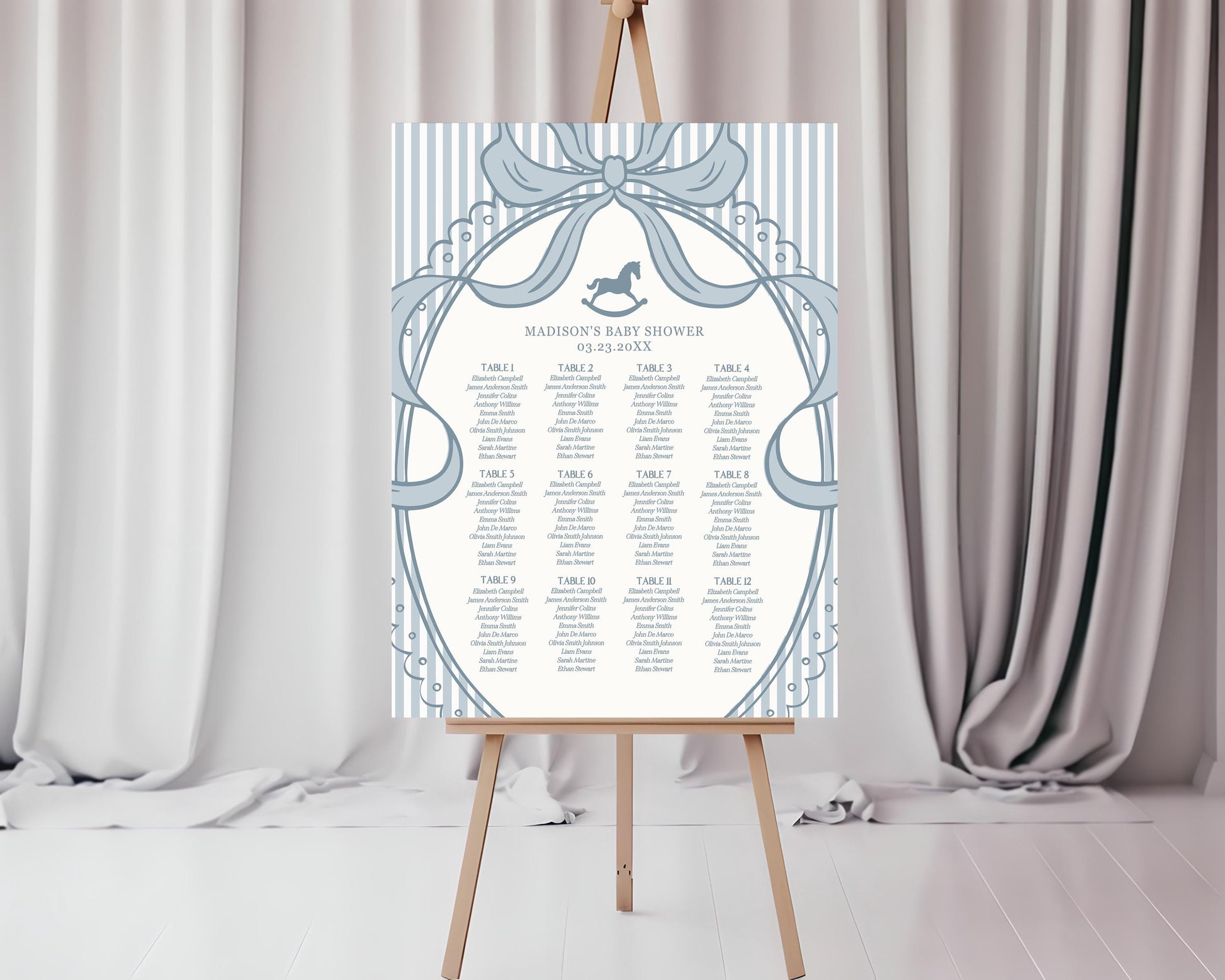 Blue Coquette Bow Rocking Horse Seating Chart Poster Template, Striped Preppy Baby Shower, Classic First Birthday Party WP1095
