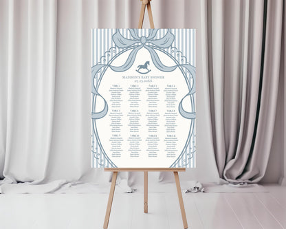 Blue Coquette Bow Rocking Horse Seating Chart Poster Template, Striped Preppy Baby Shower, Classic First Birthday Party WP1095