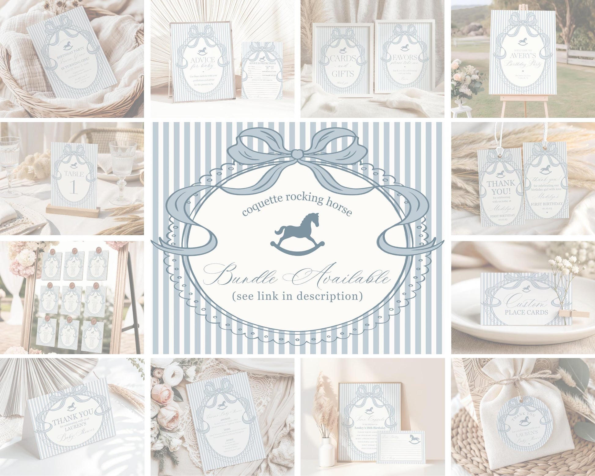 Blue Coquette Bow Rocking Horse Seating Chart Poster Template, Striped Preppy Baby Shower, Classic First Birthday Party WP1095