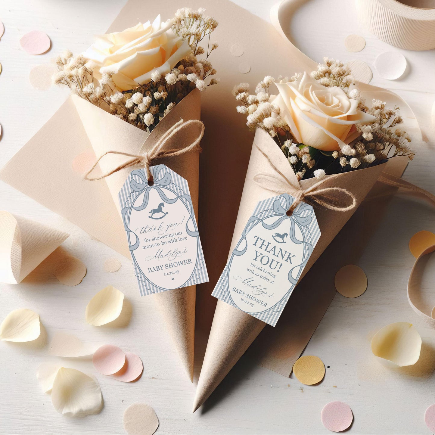 Blue Coquette Bow Rocking Horse Baby Shower Favor Tags Template, Striped Preppy Baby Sprinkle, Heirloom Inspired Brunch with Mom WP1095